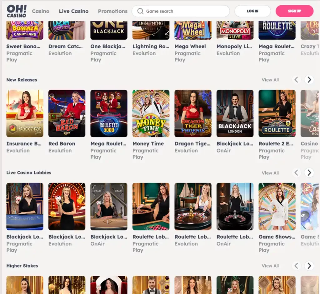 Oh Casino desktop live casino games collection screenshot displaying available live tables and categories - tested