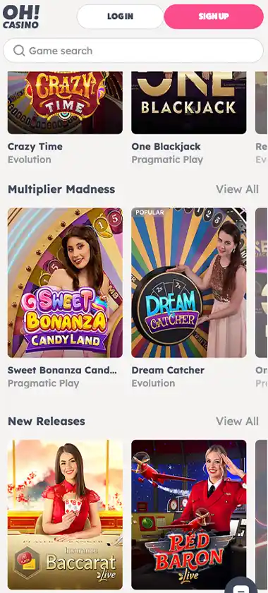 Oh Casino mobile live casino games collection screenshot displaying available live tables and categories - tested