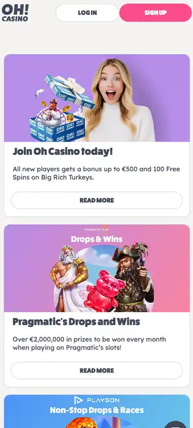 Oh Casino mobile promotions screenshot showing available bonuses, offers and promotional details - tested