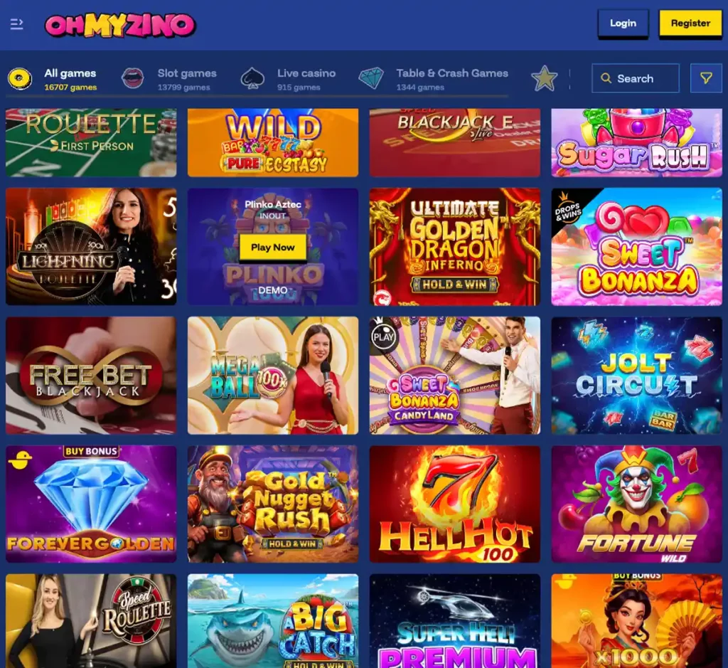 Ohmyzino Casino desktop all games screenshot showing complete games library, filters, provider logos and featured titles in the casino lobby - tested
