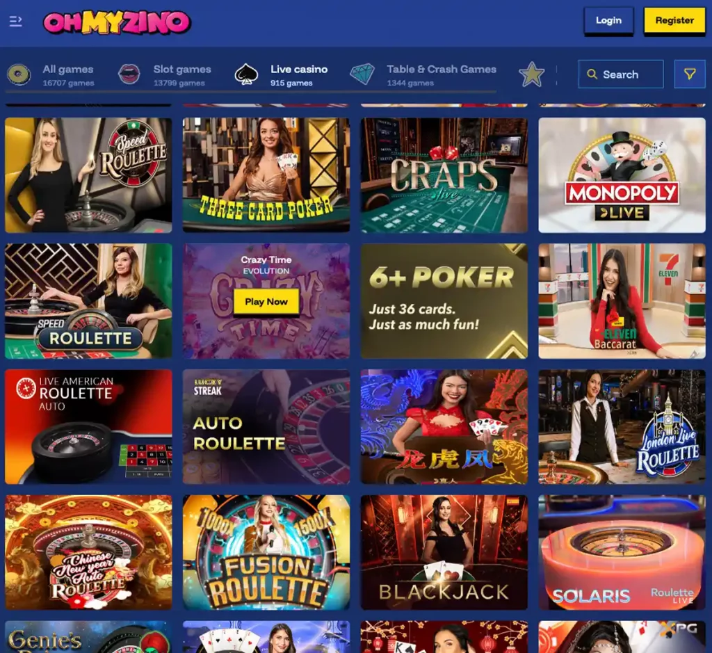 Ohmyzino Casino desktop live casino screenshot displaying real-dealer tables including roulette, blackjack and baccarat with lobby navigation and betting interface - tested