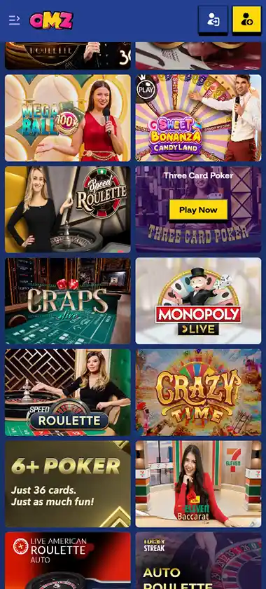 Ohmyzino Casino mobile live casino screenshot displaying live dealer tables including roulette, blackjack and baccarat with mobile lobby navigation and betting interface - tested