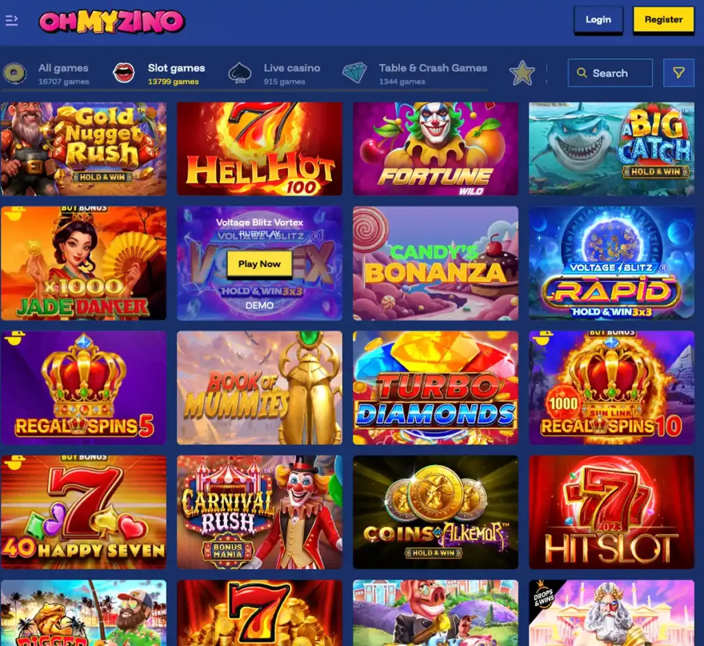 Ohmyzino Casino desktop slots screenshot showing slot categories, featured titles and game providers in the casino lobby - tested