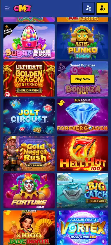 Ohmyzino Casino mobile slots screenshot showing slot game thumbnails, categories and featured titles in the mobile game lobby - tested