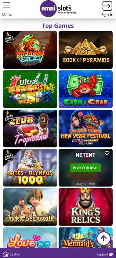 Omni Slots Casino mobile homepage screenshot displaying main navigation, featured games and mobile-friendly interface/navigation - tested