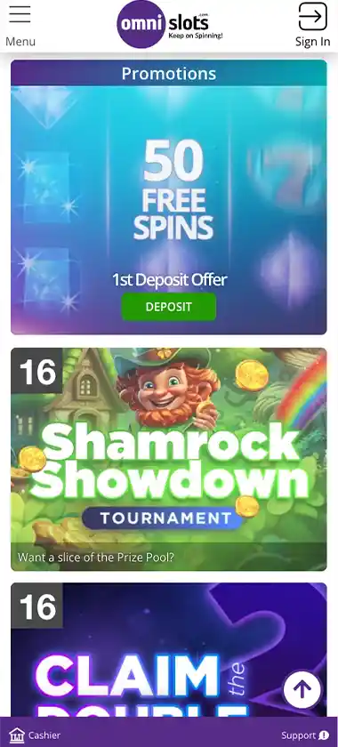 Omni Slots Casino mobile promotions screenshot displaying promotional banners, bonus offers and mobile-friendly interface/navigation - tested