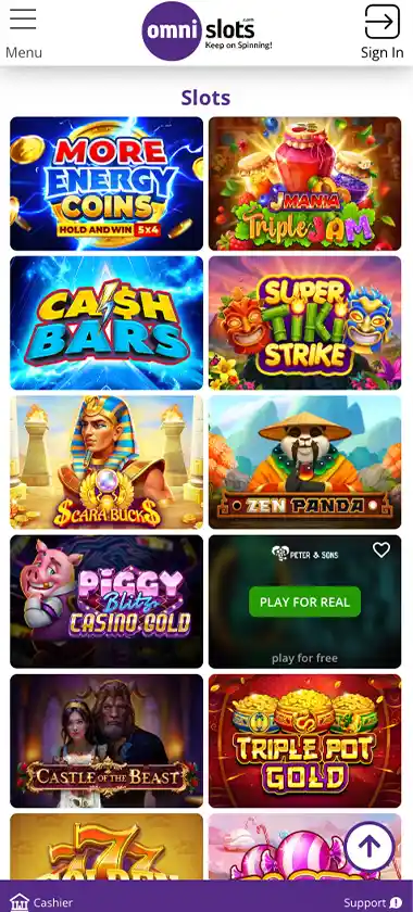 Omni Slots Casino mobile slots variety screenshot displaying featured slots, categories and touch-optimized navigation - tested
