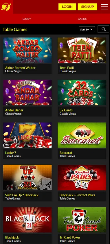 Planet 7 Casino mobile table games collection screenshot displaying available table games and mobile-friendly navigation - tested