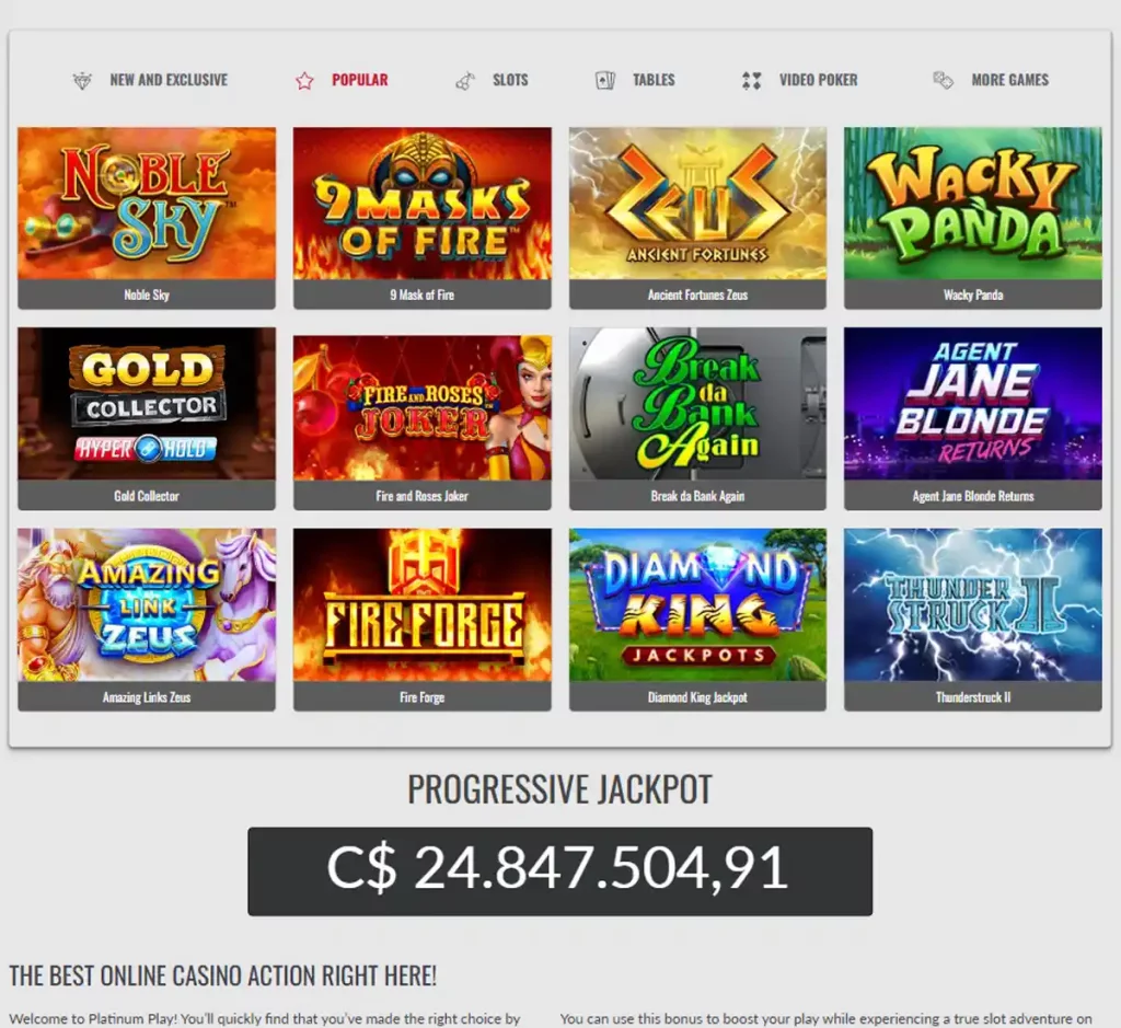 Platinum Play Casino desktop popular games screenshot showing top games, hot and featured titles and provider filters - tested