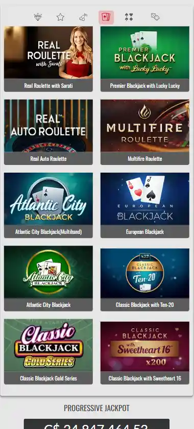 Platinum Play Casino mobile table games collection screenshot displaying various table games, categories and touch-optimized navigation - tested