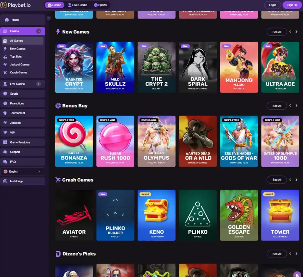 Playbet.io Casino desktop collection of games screenshot showing various game categories, featured games and provider filters - tested