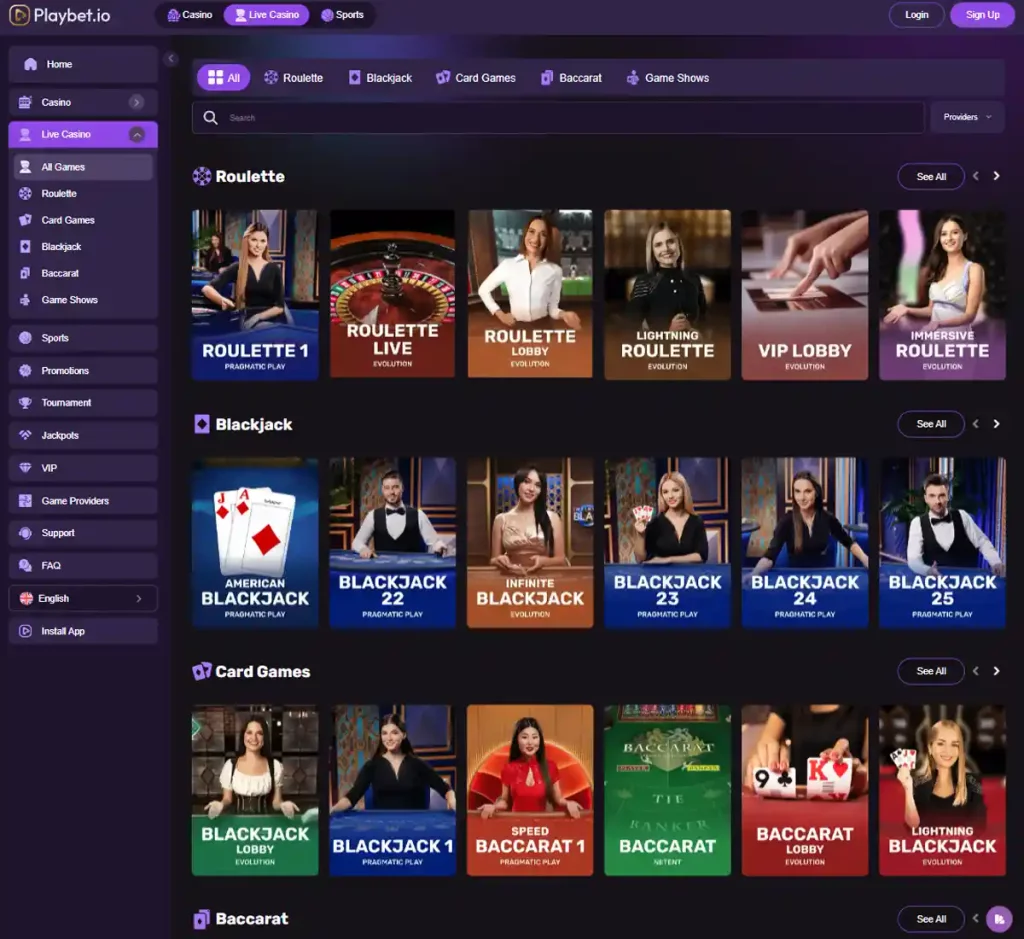 Playbet.io Casino desktop live dealer games collection screenshot showing roulette, blackjack and baccarat tables in lobby view with categories and provider filters - tested