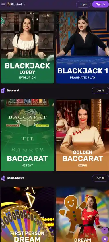 Playbet.io Casino mobile live dealer games collection screenshot displaying available live tables and categories with mobile-friendly interface/navigation - tested