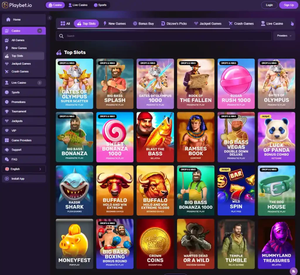 Playbet.io Casino desktop slot screenshot showing multiple slot categories, featured games and provider filters - tested