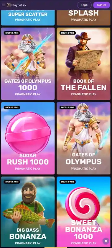 Playbet.io Casino mobile slot screenshot displaying featured slots, categories and touch-optimized navigation - tested