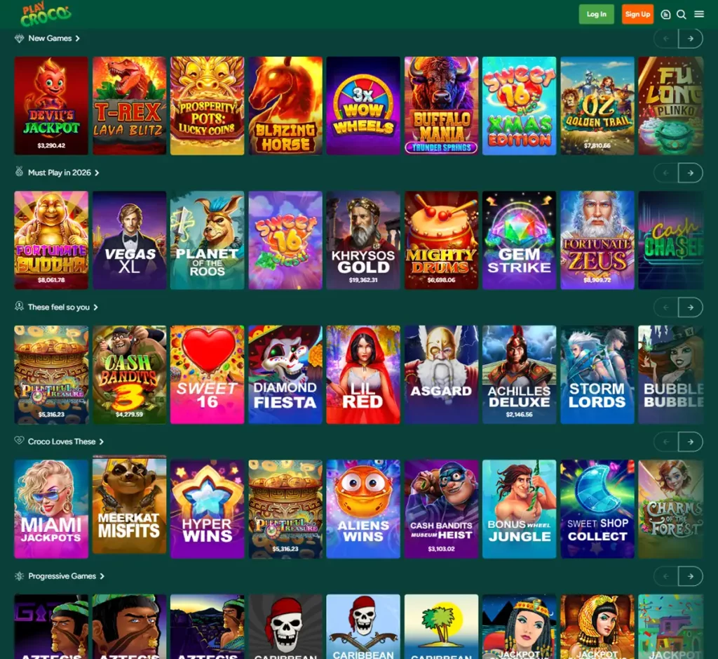 Playcroco Casino desktop home page screenshot showing main navigation, featured games and promotional banners - tested