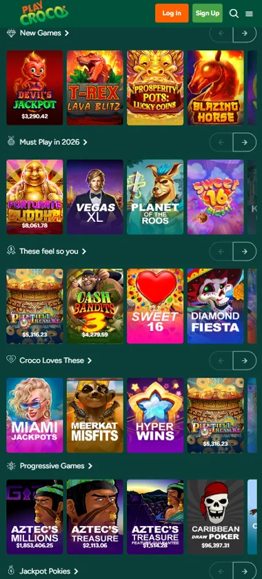 Playcroco Casino mobile home page screenshot displaying main navigation, featured games and mobile-friendly interface - tested