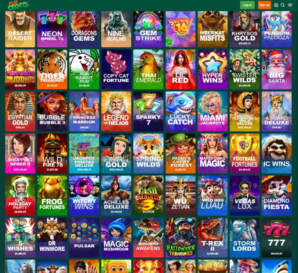 Playcroco Casino desktop slots variety screenshot showing multiple slot categories, featured games and provider filters - tested