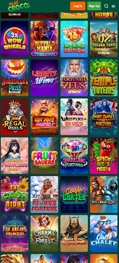 Playcroco Casino mobile slots variety screenshot displaying featured slots, categories and touch-optimized navigation - tested