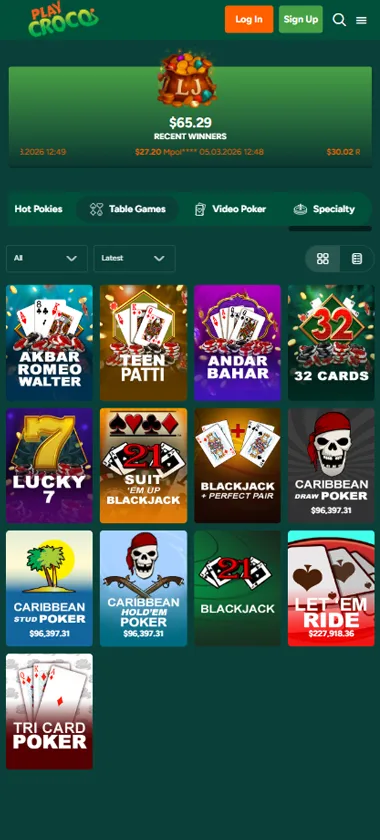 Playcroco Casino mobile table games collection screenshot displaying available table games and mobile-friendly navigation - tested