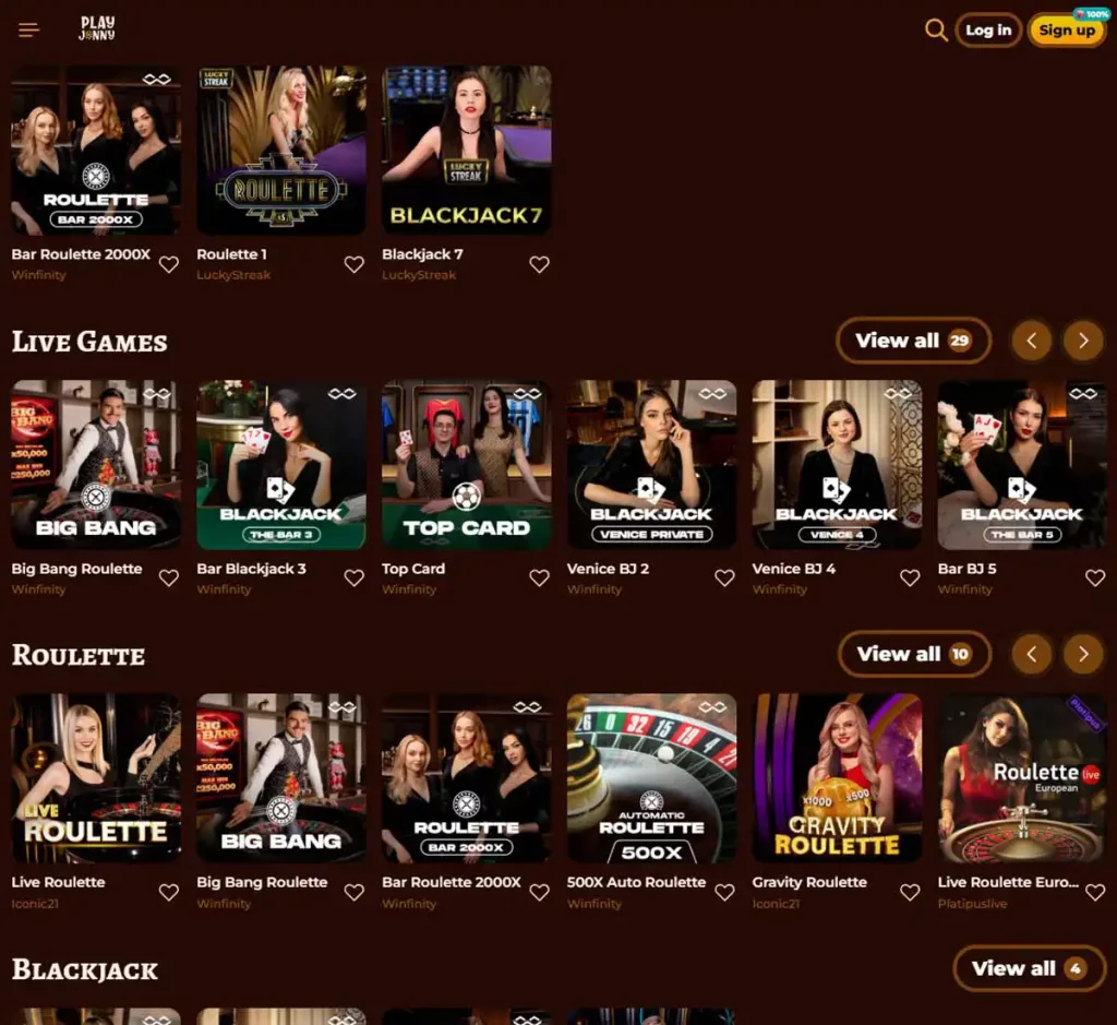 Playjonny Casino desktop live dealer games collection screenshot showing roulette, blackjack and baccarat tables in lobby view with categories and provider filters - tested Playjonny Casino desktop live dealer games collection screenshot showing roulette, blackjack and baccarat tables in lobby view with categories and provider filters - tested
