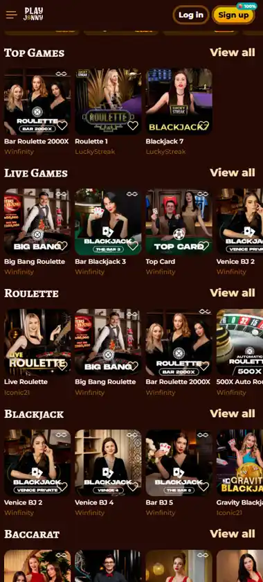 Playjonny Casino mobile live dealer games collection screenshot displaying available live tables and categories with mobile-friendly interface/navigation - tested