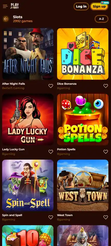 Playjonny Casino mobile slots variety screenshot displaying featured slots, categories and touch-optimized navigation - tested
