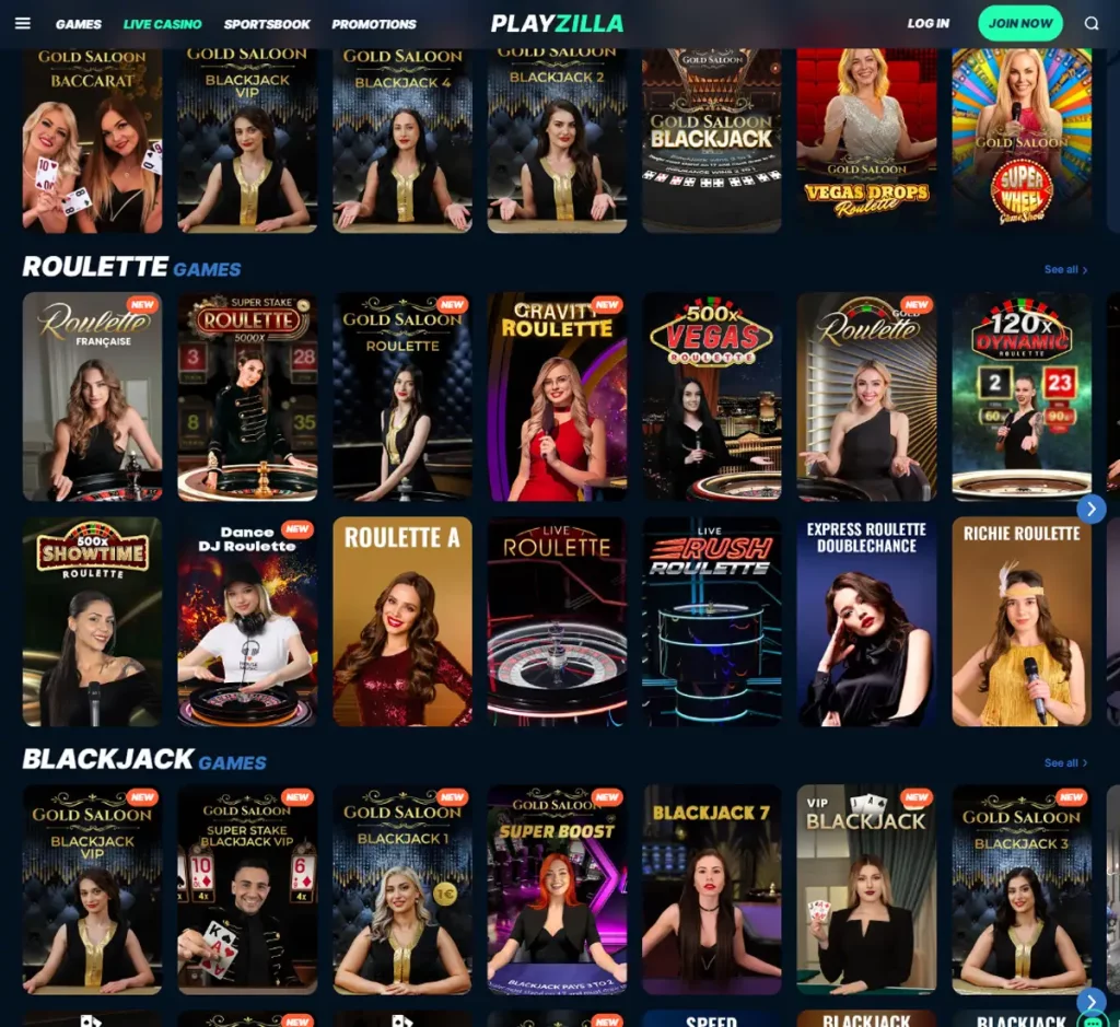 Playzilla Casino desktop live dealer games collection screenshot showing roulette, blackjack and baccarat tables in lobby view - tested
