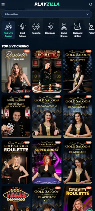 Playzilla Casino mobile live dealer games collection screenshot displaying available live tables and categories - tested