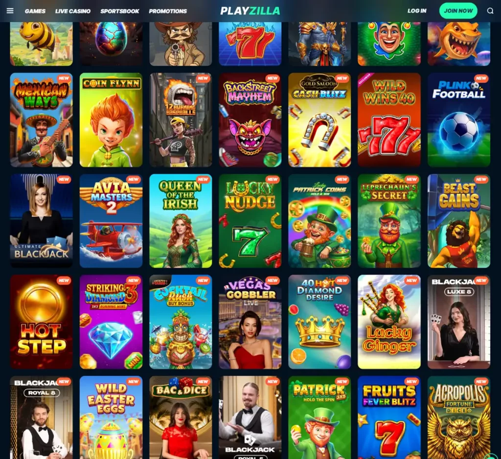 Playzilla Casino desktop new games screenshot showing recently added titles and latest releases - tested