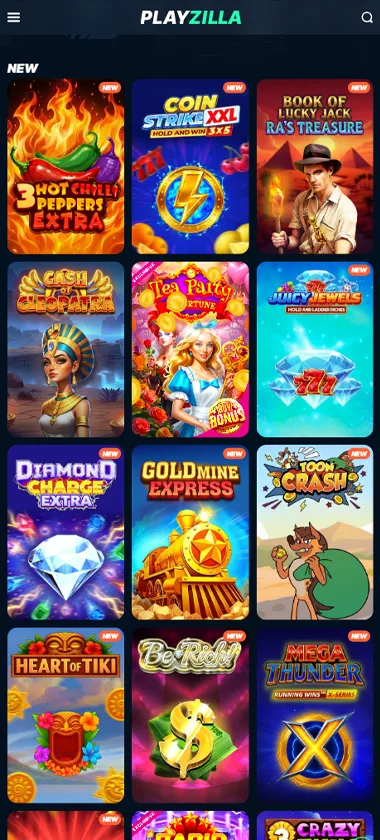 Playzilla Casino mobile new games screenshot displaying recently added titles and mobile-friendly navigation - tested