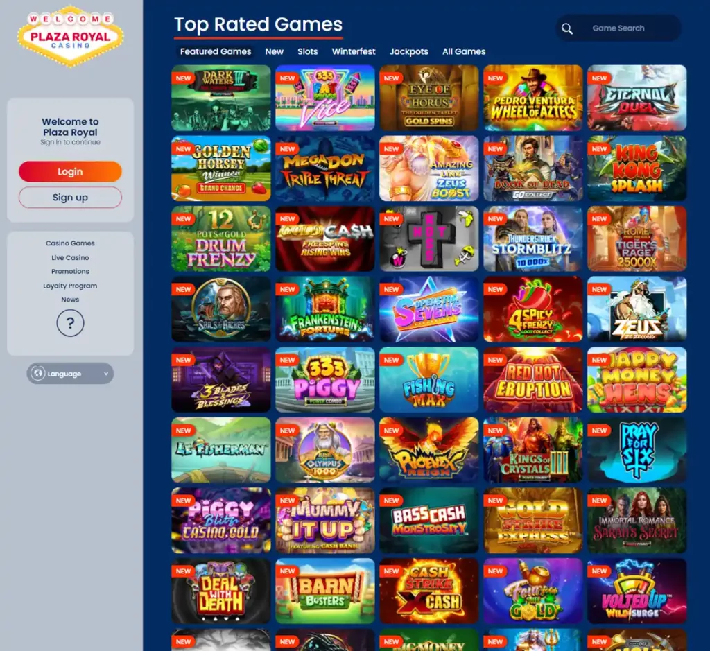 Plaza Royal Casino desktop homepage screenshot showing main navigation, featured games and promotional banners - tested