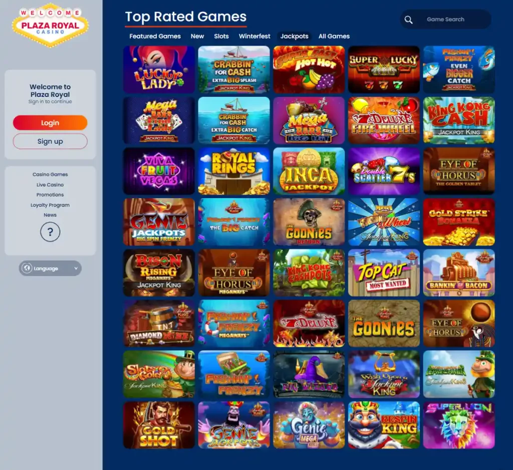 Plaza Royal Casino desktop jackpots screenshot showing progressive jackpot titles, prize amounts and provider filters - tested
