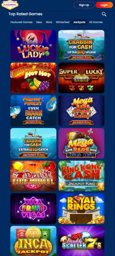 Plaza Royal Casino mobile jackpots screenshot displaying progressive jackpot titles, prize amounts and touch-optimized navigation - tested