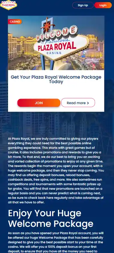 Plaza Royal Casino mobile promotions screenshot displaying promotional banners, bonus offers and mobile-friendly interface/navigation - tested