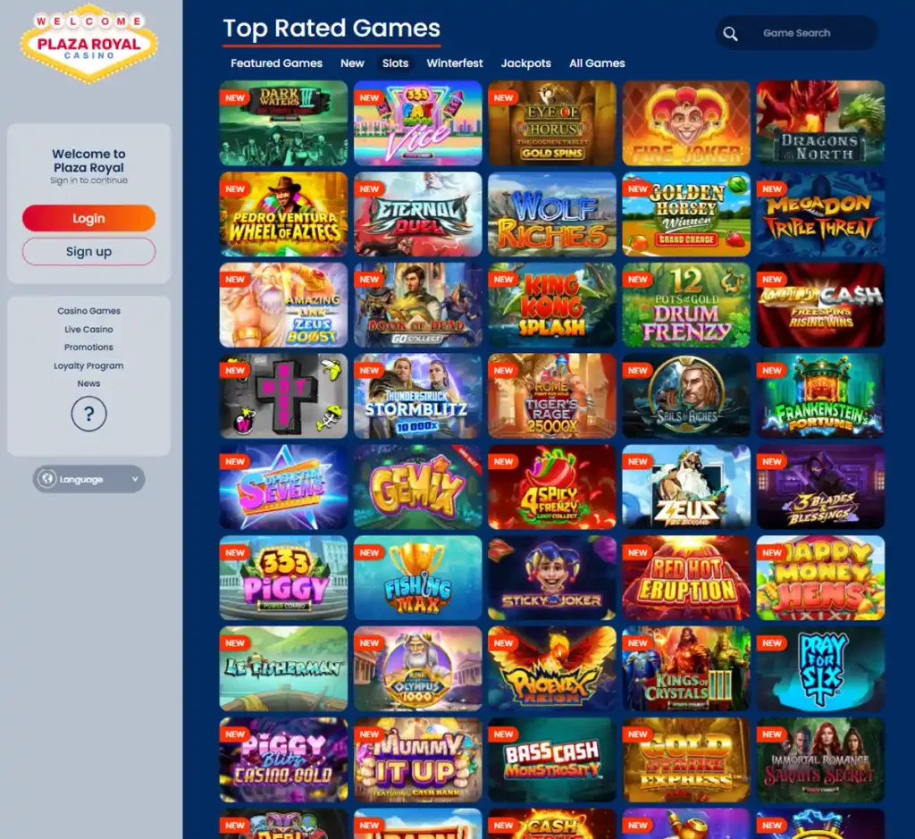 Plaza Royal Casino desktop slot screenshot showing multiple slot categories, featured games and provider filters - tested