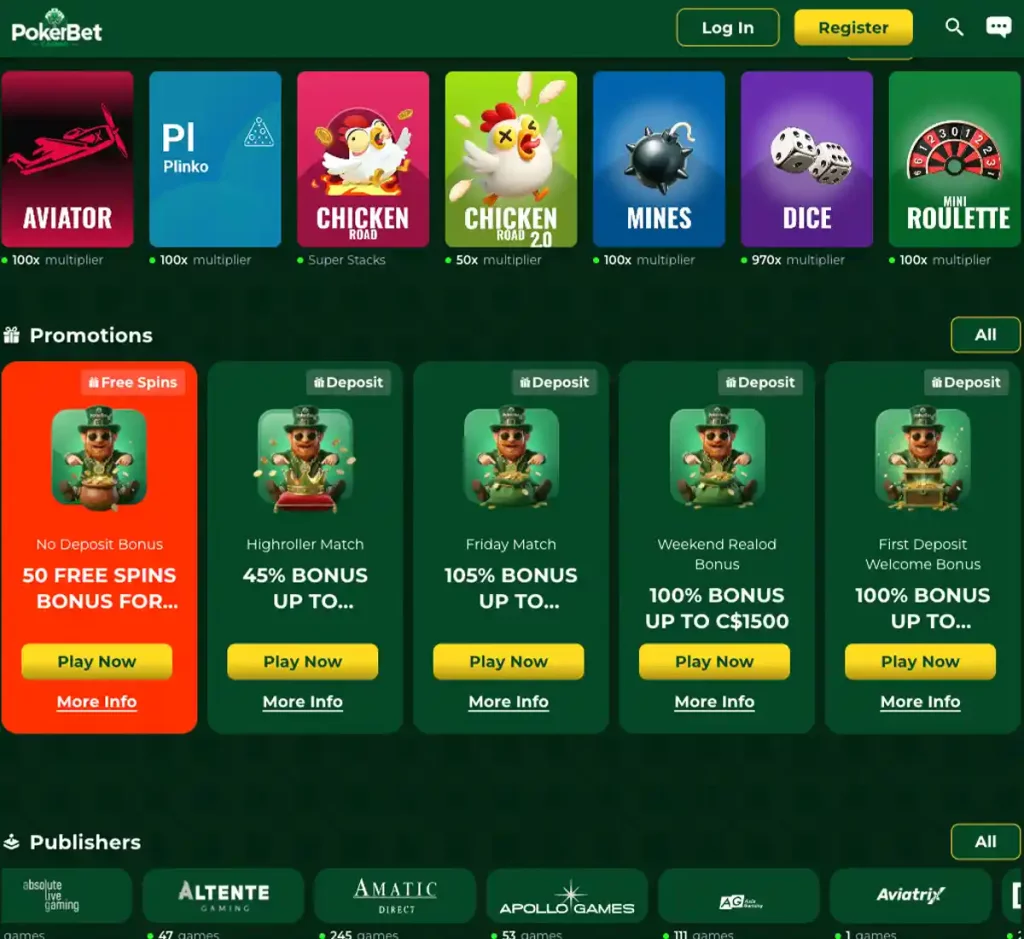 PokerbetCasino desktop homepage screenshot displaying main navigation, featured games and promotional banners - tested