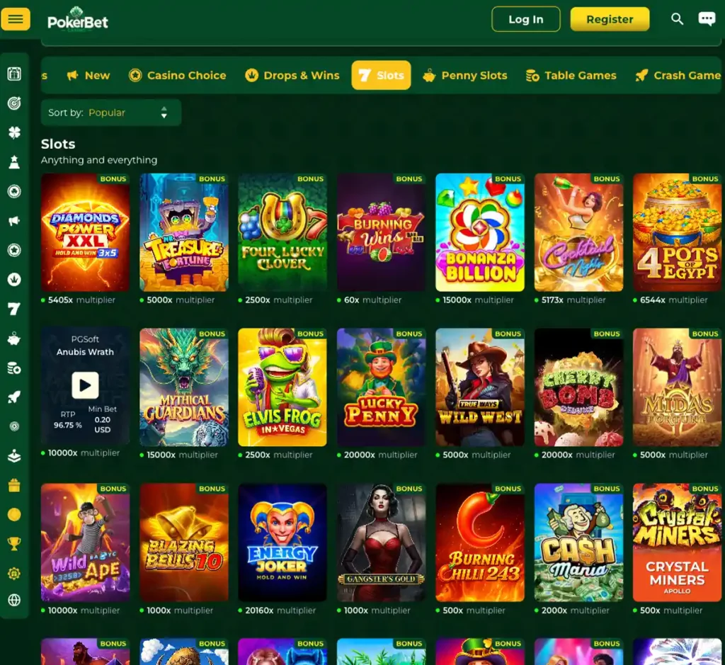 PokerbetCasino desktop slots variety screenshot displaying featured slots, game categories and filtering options - tested