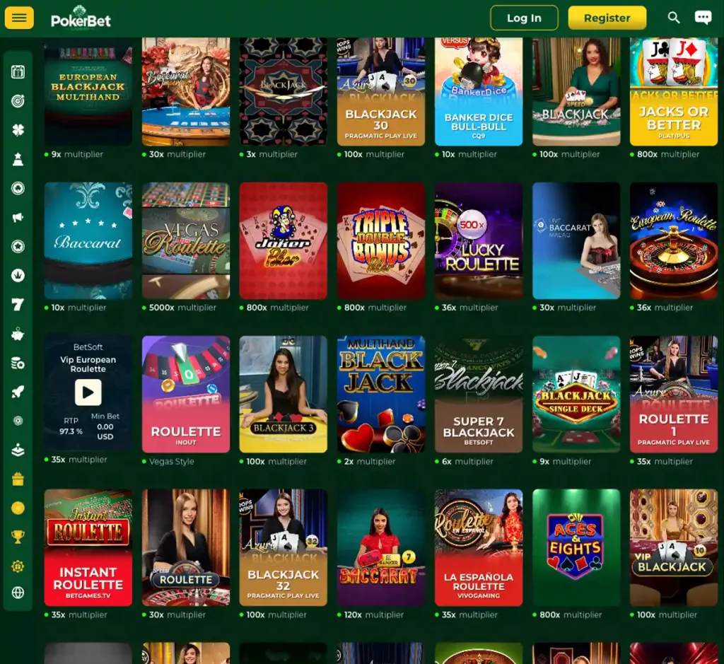 PokerbetCasino desktop table games collection screenshot displaying blackjack, roulette and baccarat variants with filtering options - tested