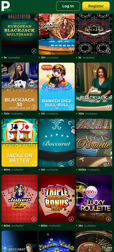 PokerbetCasino mobile table games collection screenshot displaying blackjack, roulette and baccarat variants with touch-optimized navigation - tested