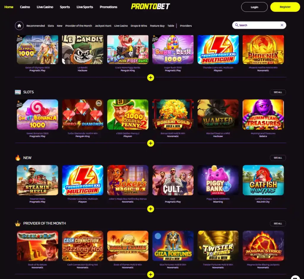 ProntoBet Casino desktop homepage screenshot showing main navigation, featured games and promotional banners - tested
