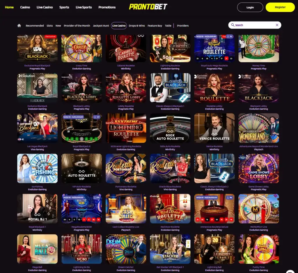 ProntoBet Casino desktop live dealer games collection screenshot showing roulette, blackjack and baccarat tables in lobby view with categories and provider filters - tested