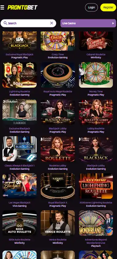 ProntoBet Casino mobile live dealer games collection screenshot displaying available live tables and categories with mobile-friendly interface/navigation - tested