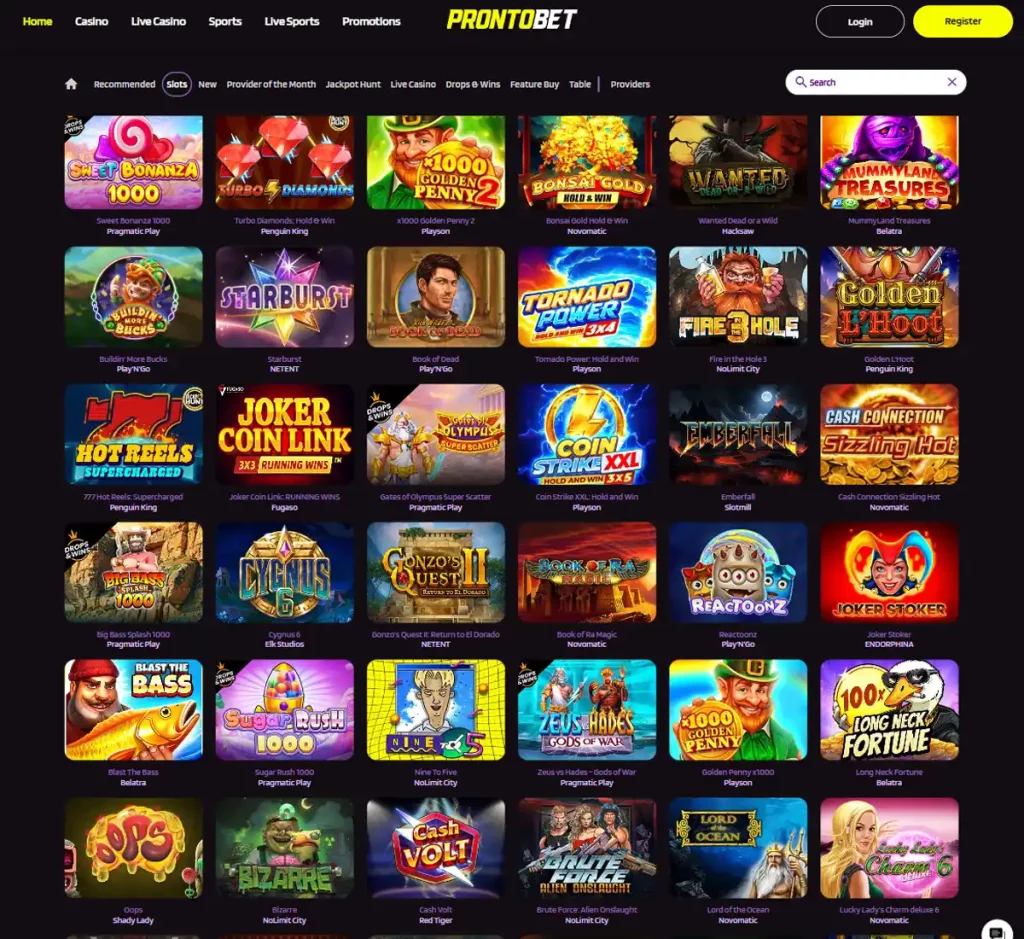 ProntoBet Casino desktop slot screenshot showing multiple slot categories, featured games and provider filters - tested