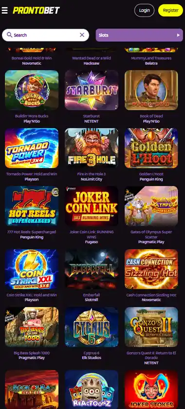 ProntoBet Casino mobile slot screenshot displaying featured slots, categories and touch-optimized navigation - tested