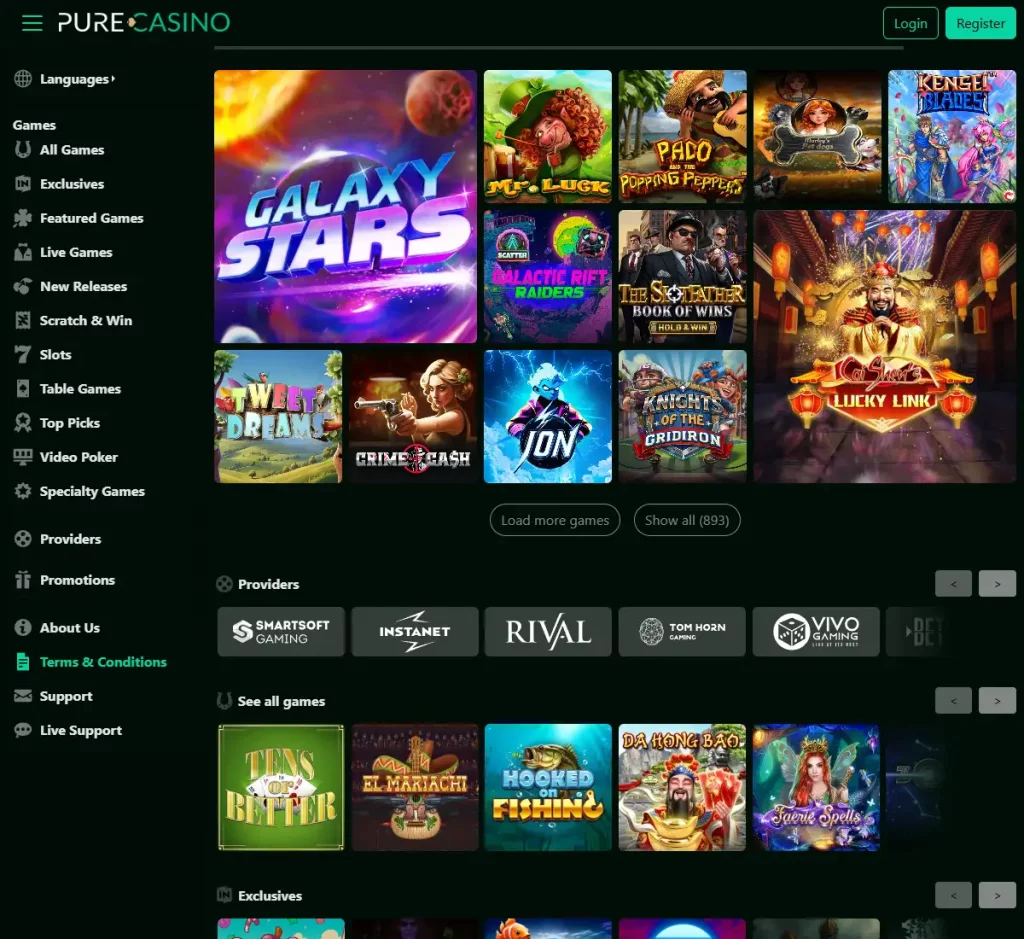 Pure Casino desktop home page screenshot showing main navigation, featured games and promotional banners - tested