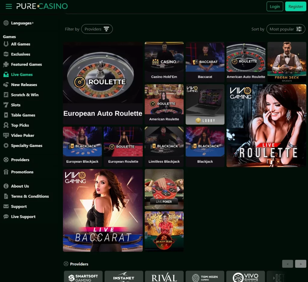 Pure Casino desktop live dealer games collection screenshot showing roulette, blackjack and baccarat tables in lobby view - tested