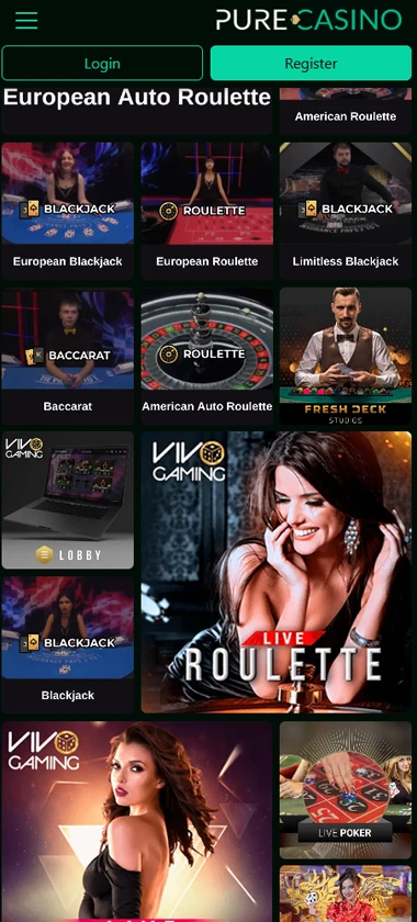 Pure Casino mobile live dealer games collection screenshot displaying available live tables and categories - tested