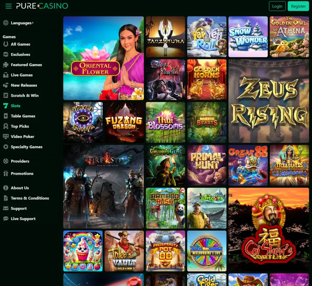 Pure Casino desktop slots variety screenshot showing multiple slot categories, featured games and provider filters - tested