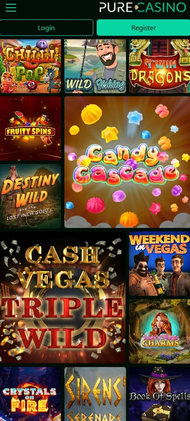 Pure Casino mobile slots variety screenshot displaying featured slots, categories and touch-optimized navigation - tested